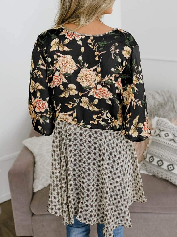 Damen Kimono mit Blumenmuster, Rüschenärmel, zum Binden, fließend, Boho, locker, als Überwurf