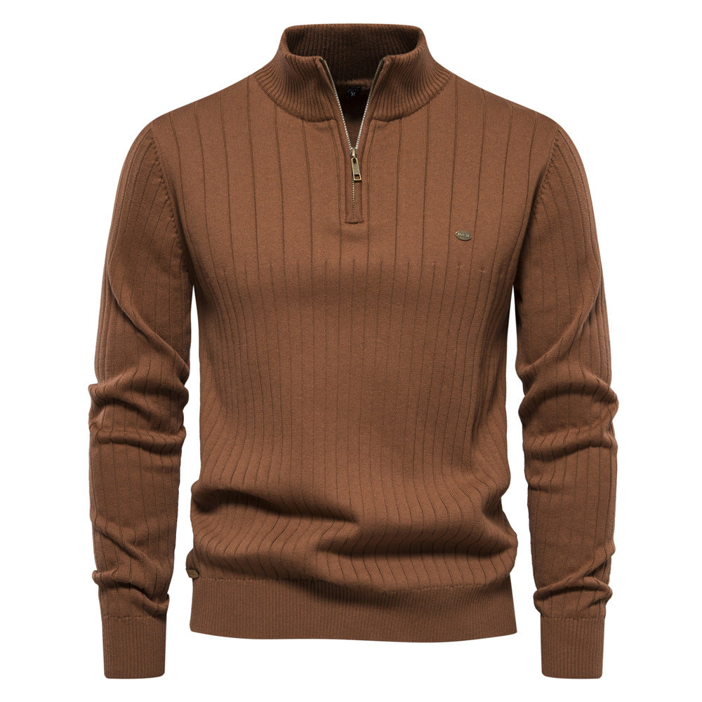 Pull homme en coton décontracté à col montant et demi-fermeture éclair