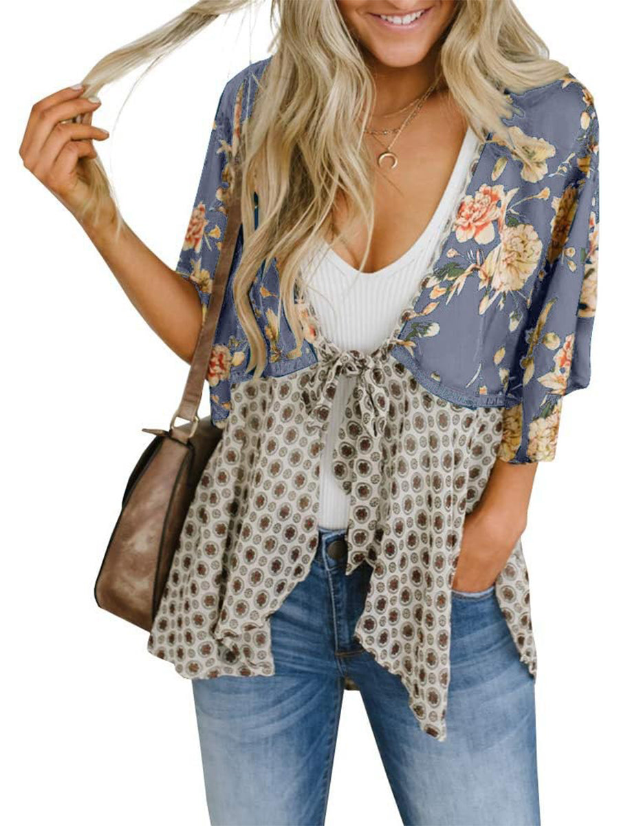 Damen Kimono mit Blumenmuster, Rüschenärmel, zum Binden, fließend, Boho, locker, als Überwurf