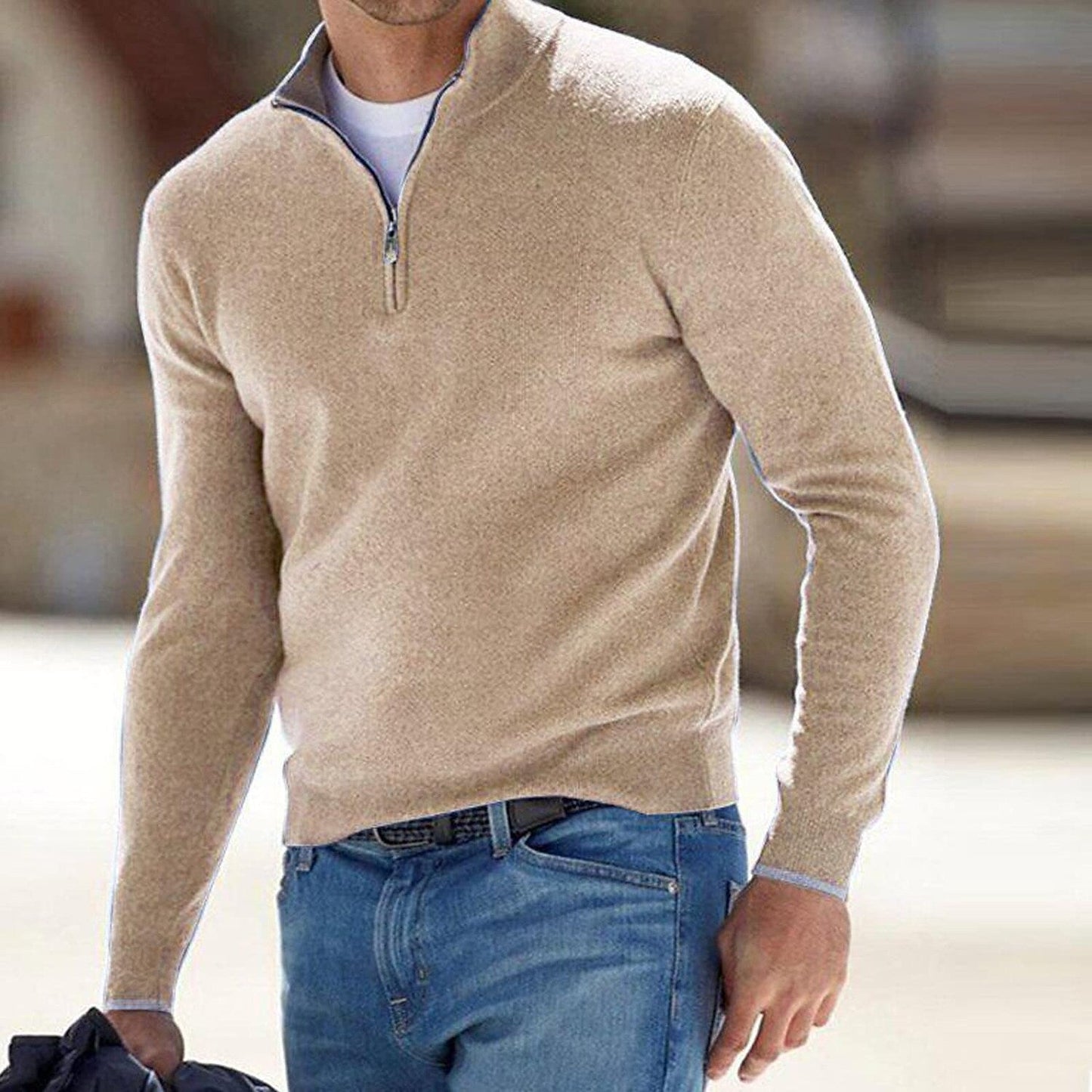 Chandail en tricot pour homme, col montant, demi-fermeture éclair, couleur unie