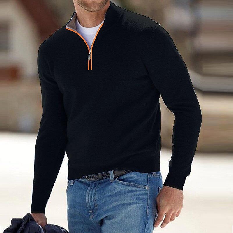 Chandail en tricot pour homme, col montant, demi-fermeture éclair, couleur unie